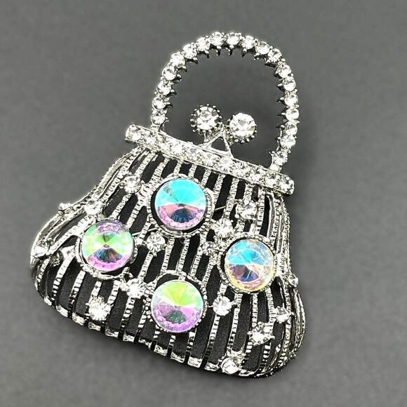 Silver with White Diamond and AB Crystal Lady Handbag Purse Pin Back Brooch - Picture 1 of 7